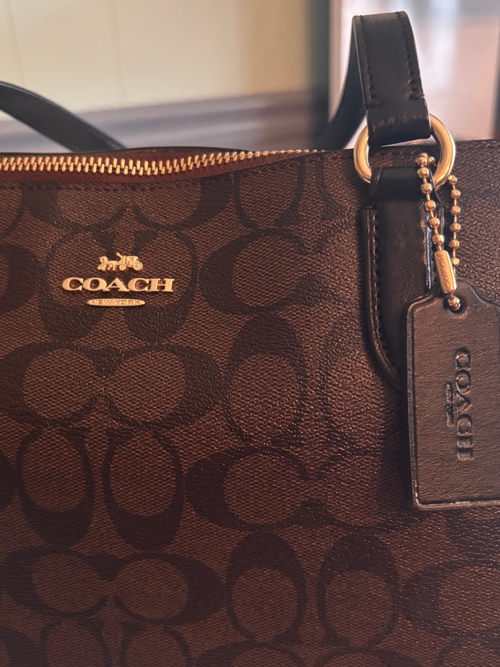 Coach Zip Top Monogram Tote - Brown & Black with Leather Trim - F29208